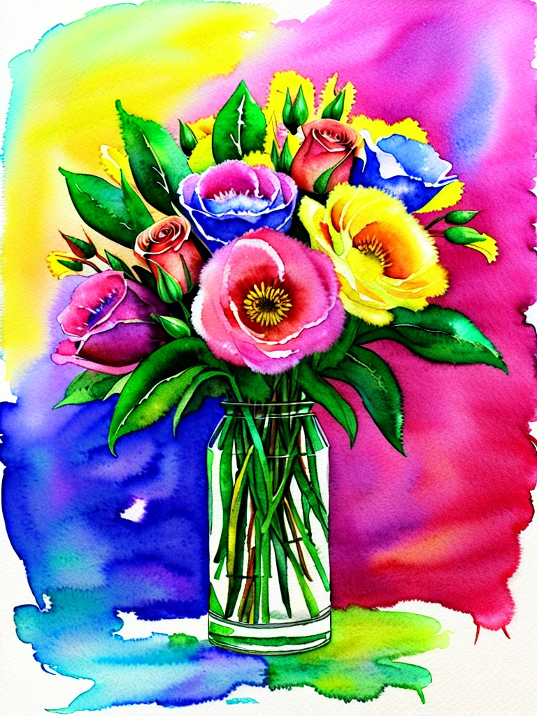 Digital art of a vase with flowers watercolor style, beautiful bouquet, spectacular, colourful, official art, masterpiece, ((watercolor)), intricate details. Highly detailed, [dripping:0.5], Trending on artstation, by Diego Velazquez, looking like a real painting, centered, vibrant colours, paint dripping, paint splatters, no people, still life,