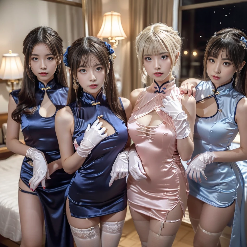 masterpiece, top-quality, top-quality, Beautifully Aesthetic:1.2, ((3 girls)), kiss++, kissing++, sucking++, licking lips, nsfw,
((Middle girl is Wearing pink satin high neck Chinese dress, sleeveless, long gloves, miniskirt:1,4), high detailed,
((Left girl is Wearing blue satin high neck Chinese dress, sleeveless, long gloves, miniskirt:1,4), high detailed,
((Right girl is Wearing red satin high neck Chinese dress, sleeveless, long gloves, miniskirt:1,4), high detailed,
impossible breasts, firm breast, nicely shaped breasts, slender figure, perfect proportion,
(((Bleached Hair))), ((mesh hair)), (short hair:1.2),
((Group photo in the bedroom at late night:1.2)), (Looking at viewer)