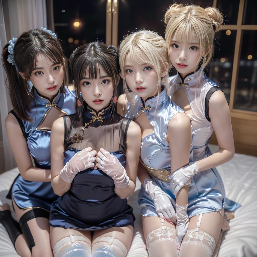 masterpiece, top-quality, top-quality, Beautifully Aesthetic:1.2, ((3 girls)), kiss++, kissing++, sucking++, licking lips, nsfw,
((Middle girl is Wearing pink satin high neck Chinese dress, sleeveless, long gloves, miniskirt:1,4), high detailed,
((Left girl is Wearing blue satin high neck Chinese dress, sleeveless, long gloves, miniskirt:1,4), high detailed,
((Right girl is Wearing red satin high neck Chinese dress, sleeveless, long gloves, miniskirt:1,4), high detailed,
impossible breasts, firm breast, nicely shaped breasts, slender figure, perfect proportion,
(((Bleached Hair))), ((mesh hair)), (short hair:1.2),
((Group photo in the bedroom at late night:1.2)), (Looking at viewer)