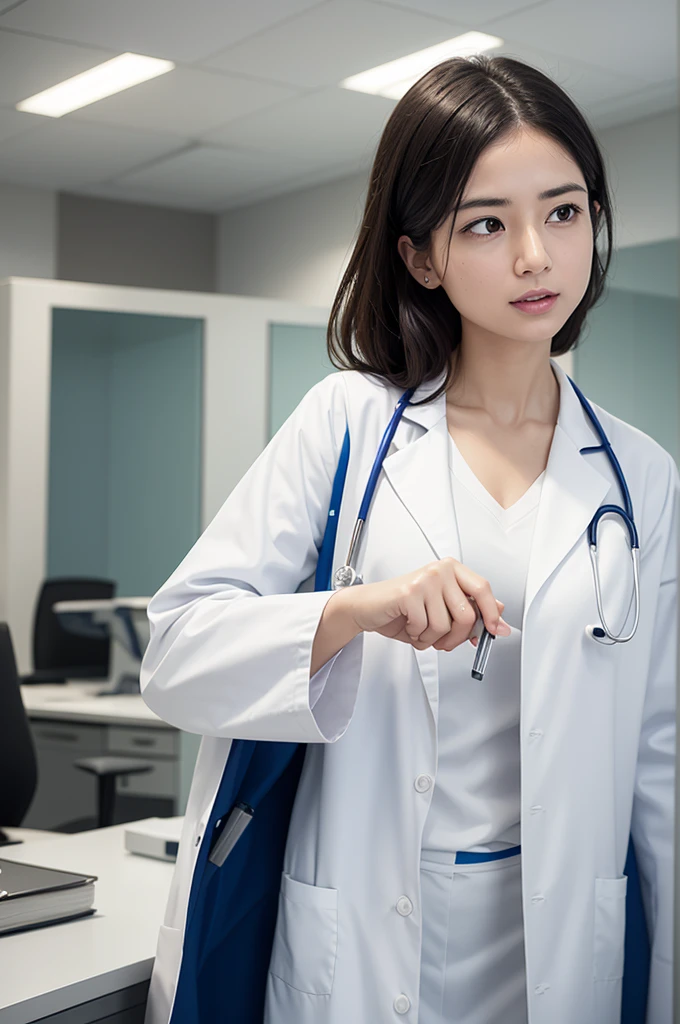 Create an image of a doctor in a lab coat, inside your office talking to a pharmaceutical representative 