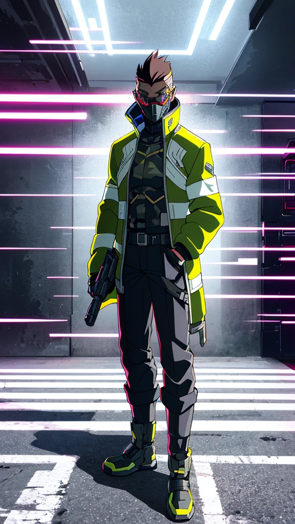 Male, fully cybernetic, full cyborg, military special forces cyborg, wearing futuristic armored camouflage tactical trenchcoat, cybernetic body and fully cybernetic head, head and face covered by full-face tactical visor, fully cybernetic, robotic body, full body shot, fully in frame, standing at attention, hands in pockets, lone figure, sole person, Cyberpunk Edgerunners style, edgerunners_style