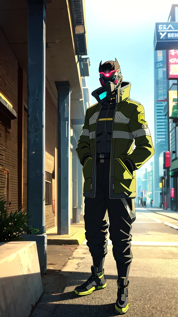 Male, fully cybernetic, full cyborg, military special forces cyborg, wearing futuristic armored camouflage tactical trenchcoat, cybernetic body and fully cybernetic head, head and face covered by full-face tactical visor, fully cybernetic, robotic body, full body shot, fully in frame, standing at attention, hands in pockets, lone figure, sole person, Cyberpunk Edgerunners style, edgerunners_style