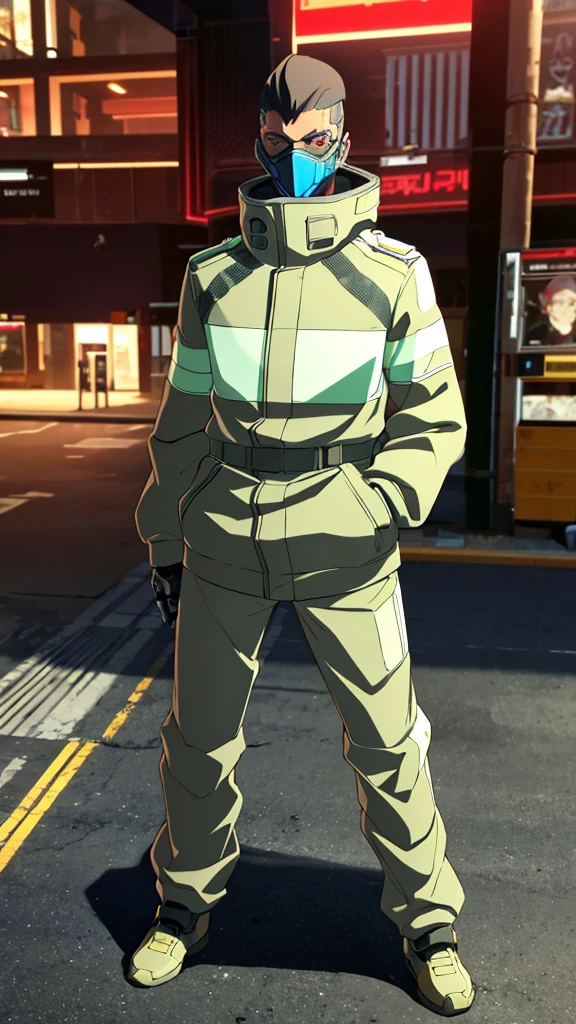 Male, fully cybernetic, full cyborg, military special forces cyborg, wearing futuristic armored camouflage tactical trenchcoat, cybernetic body and fully cybernetic head, head and face covered by full-face tactical visor, fully cybernetic, robotic body, full body shot, fully in frame, standing at attention, hands in pockets, lone figure, sole person, Cyberpunk Edgerunners style, edgerunners_style