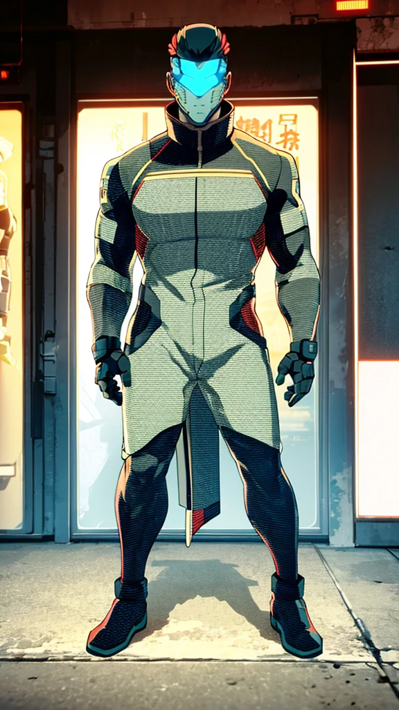 Male, fully cybernetic, full cyborg, military special forces cyborg, wearing futuristic armored camouflage tactical trenchcoat, cybernetic body and fully cybernetic head, head and face covered by full-face tactical visor, fully cybernetic, robotic body, full body shot, fully in frame, standing at attention, hands in pockets, lone figure, sole person, Cyberpunk Edgerunners style, edgerunners_style