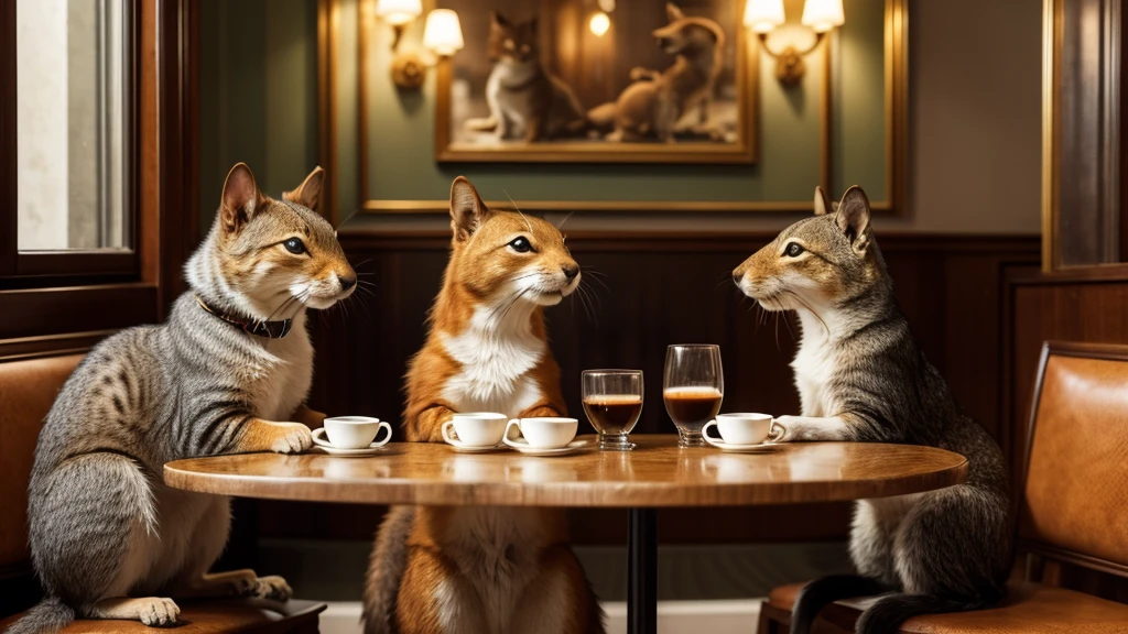 full view of an elegant dog, cat and squirrel drinking coffee and seemingly happy. Ultra-realistic, fractal and detailed. The background is a classy French cafe.