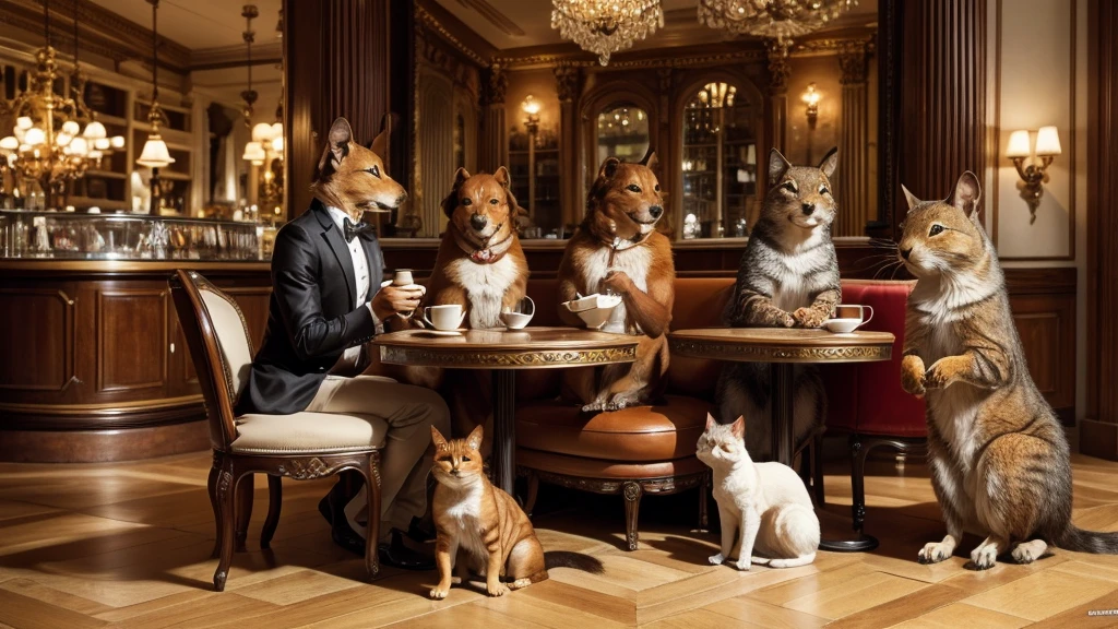 full view of an elegant dog, cat and squirrel drinking coffee and seemingly happy. Ultra-realistic, fractal and detailed. The background is a classy French cafe.