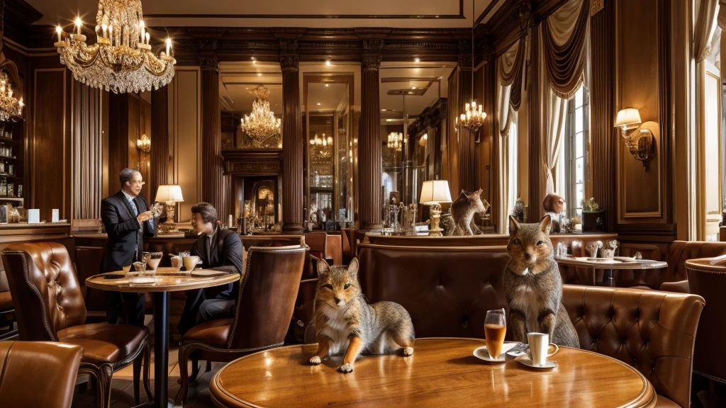 full view of an elegant dog, cat and squirrel drinking coffee and seemingly happy. Ultra-realistic, fractal and detailed. The background is a classy French cafe.