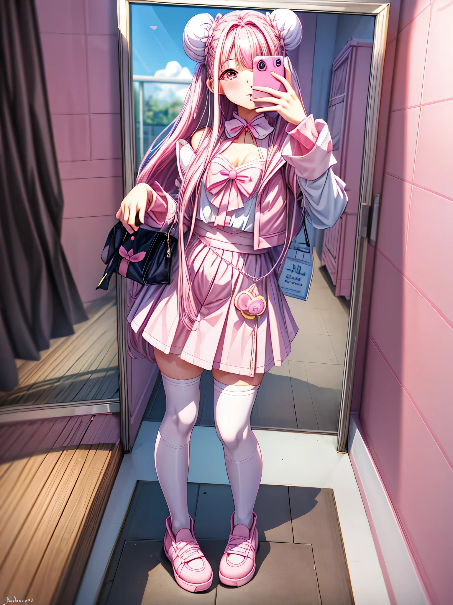 A woman is taking a picture of herself in the mirror, Women&#39;s Mini Cute Style, whole body!!, , Pink Girl, Pink and black, y2k style, y2k style, Cute Style, Black White Pink, Costume photo, Wearing a skirt and knee-high socks, One girl, alone, (Hair Ribbon:0.4), Pink Eyes,Cinematic Angles,perspective,(((White bun hair))),(((Long pink hair))), Cute clothes, Fluffy clothes, Chest Window, Frilled Skirt, Pastel pink and white outfit, Baby blue accents, himekaji fashion, Sparkling eyes, Shining Eyes, Big eyes), (Lip gloss, mascara, ,whole body,  More prism, Bright colors, (Pink Bedroom, Cute Bedroom, Pink Wall, Pink Bed, stuffed toy, scenery), Take a selfie