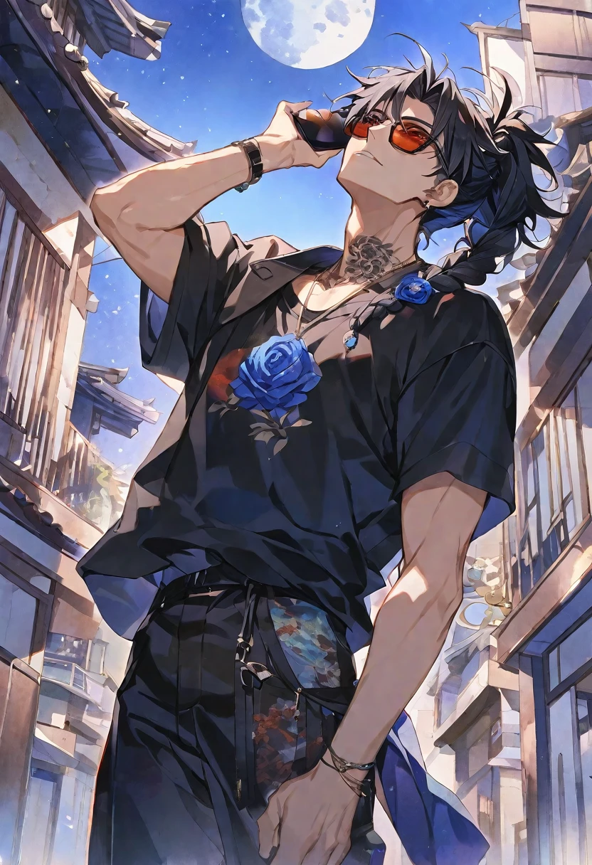 独奏,handsome,watercolor,1 male, Ponytail, Braided black hair, red eyes, Gojo Satoru,casual,Blue Rose Tattoo,black Oversized 服,casual,Stylish,cool,Wear sunglasses around your neck,Void,look up,Blue Sky,Starry Sky,moon