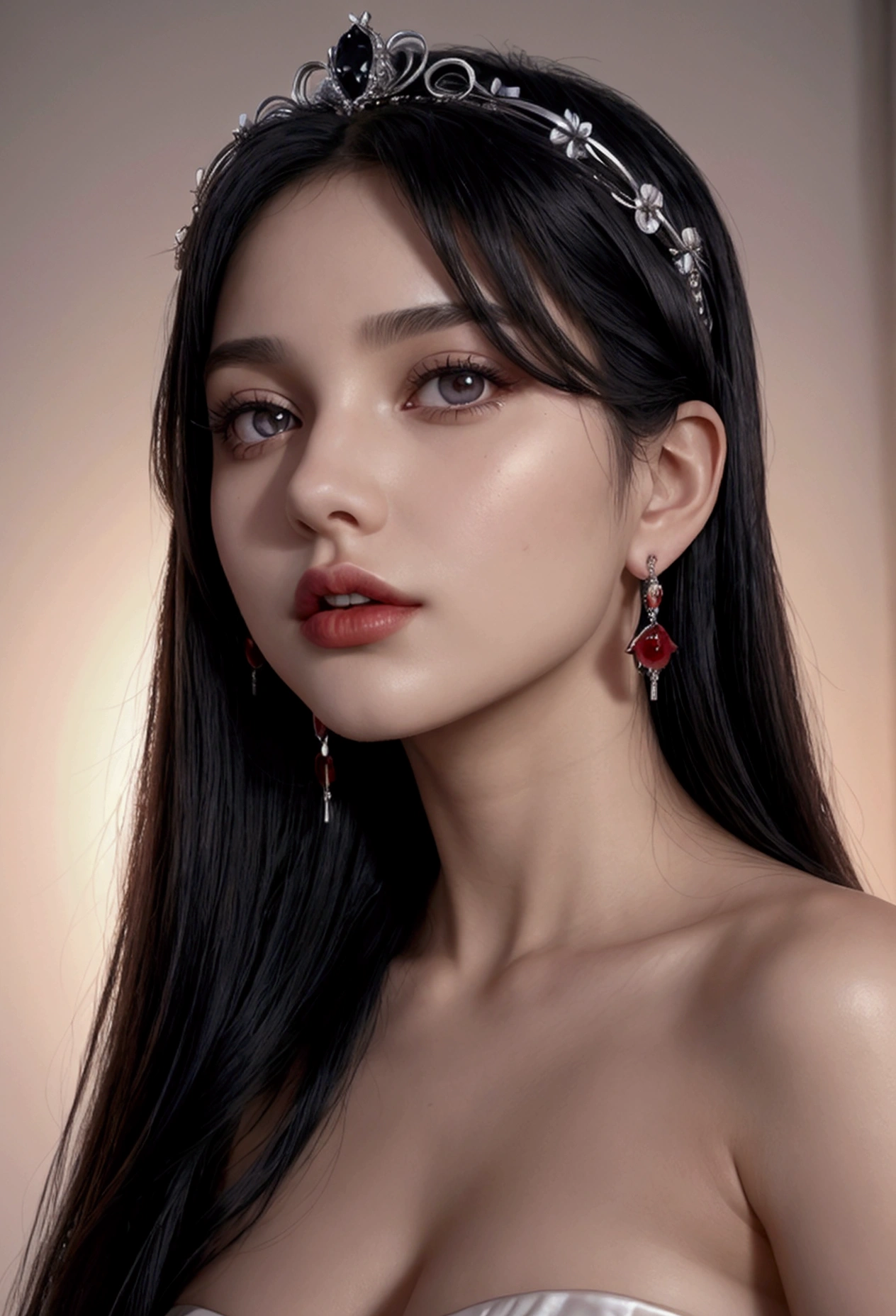 Beautiful 25-year-old gypsy, black hair, black eyes, white, sculptural body, vibrant red dress, long and very low-cut, no bra, sensual mouth, penetrating eyes, small rose tiara in her hair, jewelry, hoop earrings, cinematic lighting, perspective, Renaissance, UHD, retina, high quality