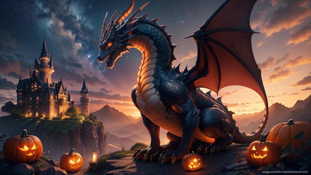
(ultra high quality) (4k) (perfect details) A dragon with a pumpkin head, he is on top of a fabulous castle, the castle shines like the stars and has a beautiful color, this castle is located in a kind of paradise , a very beautiful place, but chaotic, the dragon has a huge scar on its eye