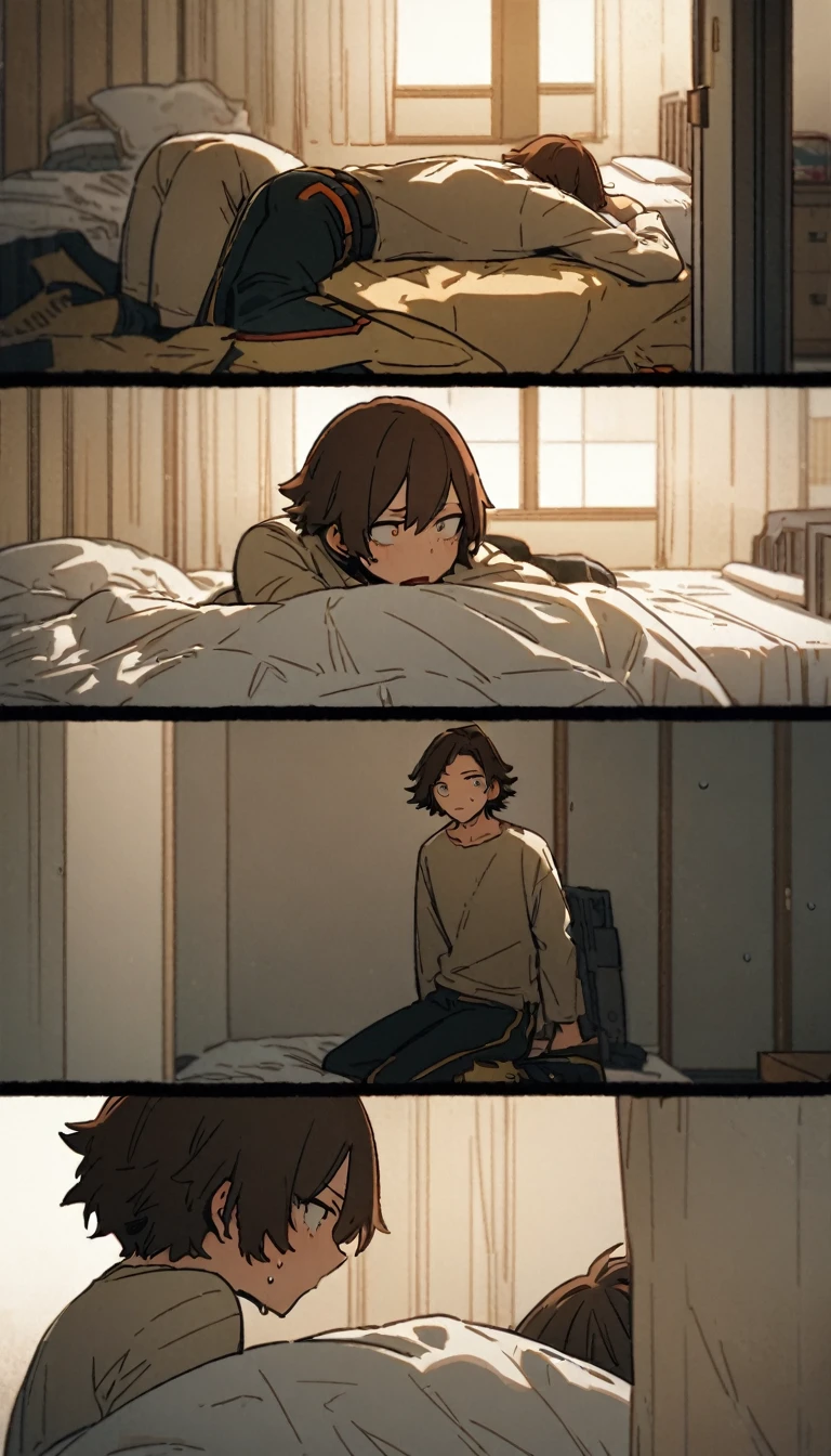 Browsing Caution,Sweat,White Breath,room,Standing posture,Brown Hair,My Hero Academia,Hatsumei,bed,Lying on your back,
