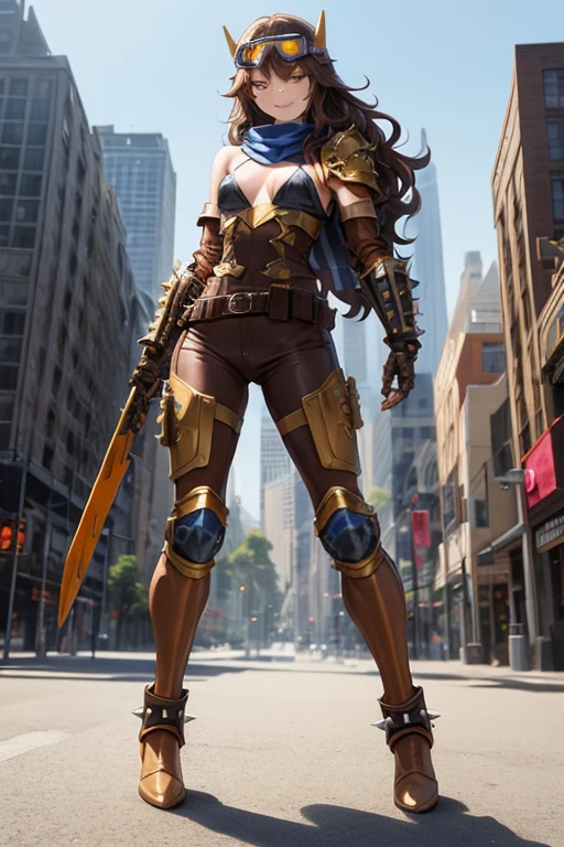 ((best quality)), ((masterpiece)), (detailed), 1 girl, full body, 20s, young adult, brown vintage aviator helmet, spiked helmet, large goggles, evil smile, long white scarf, wavy brown hair with a lock, brown collar, somewhat short, very thin, spikes on forearms, brown details, large brown leather gloves, brown wrist guards, brown nanotech suit, light armor, brown chest with an emblem, high shoulder pads, orange suit with brown stripes, brown tiger stripes, triangular emblem on chest, very small breasts, blue emblem, orange pants, brown knee pads, metallic brown boots, metallic brown shoes, brown superhero belt, standing on a building, city background, anime, holding a small metallic ball with spikes in her hand