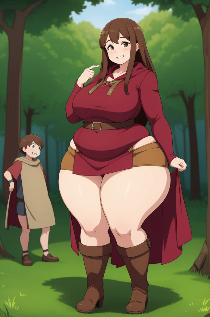 1woman, chubby, wide hips, long brown hair, wearing a fantasy tunic and a mini skirt, standing in the forest, from the front, tiny breasts, teasing, small breasts, bottom heavy, really small, adult. big smile, teasing, mature,