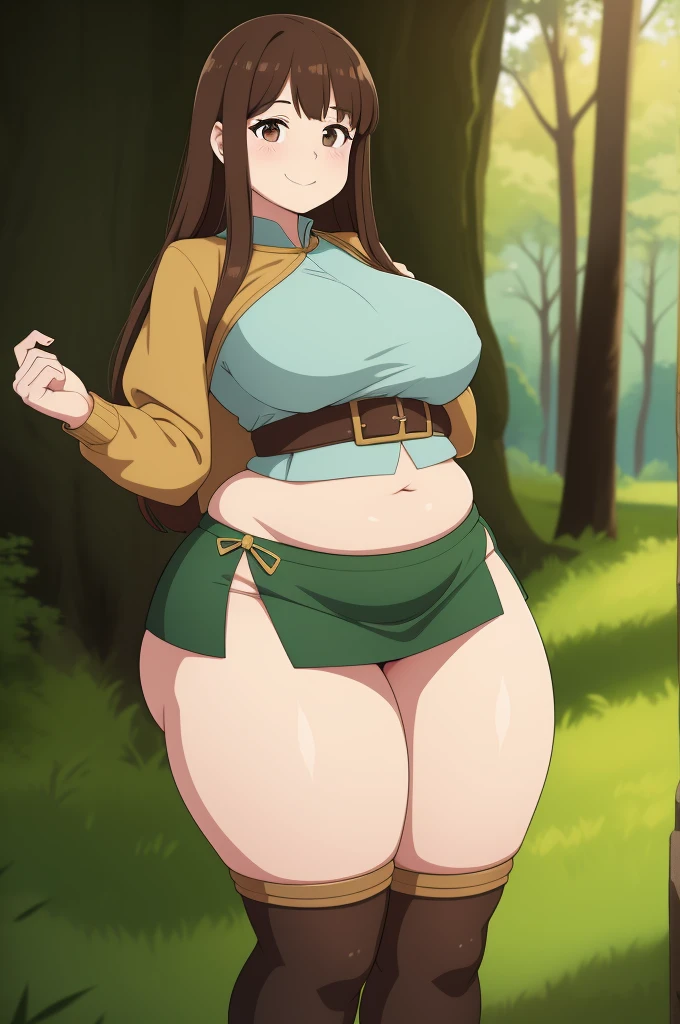 1woman, chubby, wide hips, long brown hair, wearing a fantasy tunic and a mini skirt, standing in the forest, from the front, tiny breasts, teasing, small breasts, bottom heavy, really small, adult. big smile, teasing, mature, 