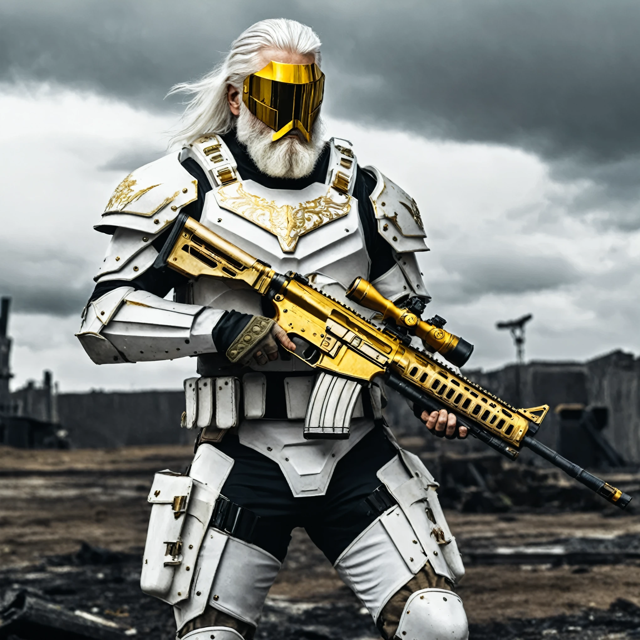 A white-haired, bearded man in a white armor with golden details, holding a assault rifle, ready for battle, in a post-apocalyptic and gloomy setting, full body shot