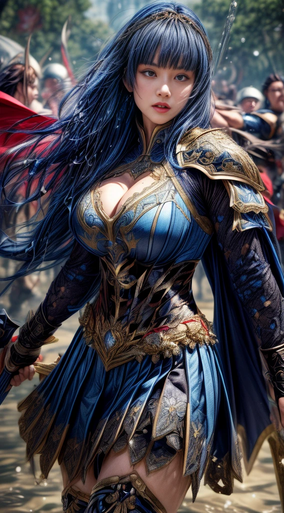 Very beautiful woman、Slender women、(Detailed face)、Realistic Skin、((Holy Knight)), ((Dark blue armor))、((((A black armor with extremely detailed and intricate decoration.:1.1))))、((Delicate photo)),(Girl Astepeace RAW Photo Details:1.25), (Highest quality:1.6), (Ultra-high resolution:1.5), (Realistic:1.75), 8K resolution, Canon EOS R5, 50mm, Absurd, Super detailed,Cinema Lighting,((Fightfield))、((Fight))、(((Navy embellished skirt)))、Thigh-high socks、Shingard、((Dark blue hair))、((Bowl cut hairstyle with bangs,))、Get a six pack、Cape、Beautiful Armor、(((Has a huge weapon)))、(In combat)、The wind is blowing、((Symmetrical armor))、((((splash))))、(((Leads a large group of blue knights:1.2)))、banner、Armor with a dragon motif、(((Battle Scenes)))