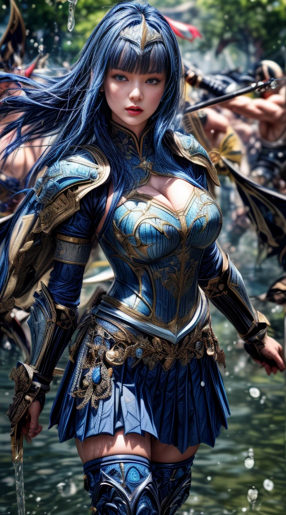 Very beautiful woman、Slender women、(Detailed face)、Realistic Skin、((Holy Knight)), ((Dark blue armor))、((((A black armor with extremely detailed and intricate decoration.:1.1))))、((Delicate photo)),(Girl Astepeace RAW Photo Details:1.25), (Highest quality:1.6), (Ultra-high resolution:1.5), (Realistic:1.75), 8K resolution, Canon EOS R5, 50mm, Absurd, Super detailed,Cinema Lighting,((Fightfield))、((Fight))、(((Navy embellished skirt)))、Thigh-high socks、Shingard、((Dark blue hair))、((Bowl cut hairstyle with bangs,))、Get a six pack、Cape、Beautiful Armor、(((Has a huge weapon)))、(In combat)、The wind is blowing、((Symmetrical armor))、((((splash))))、(((Leads a large group of blue knights:1.2)))、banner、Armor with a dragon motif、(((Battle Scenes)))