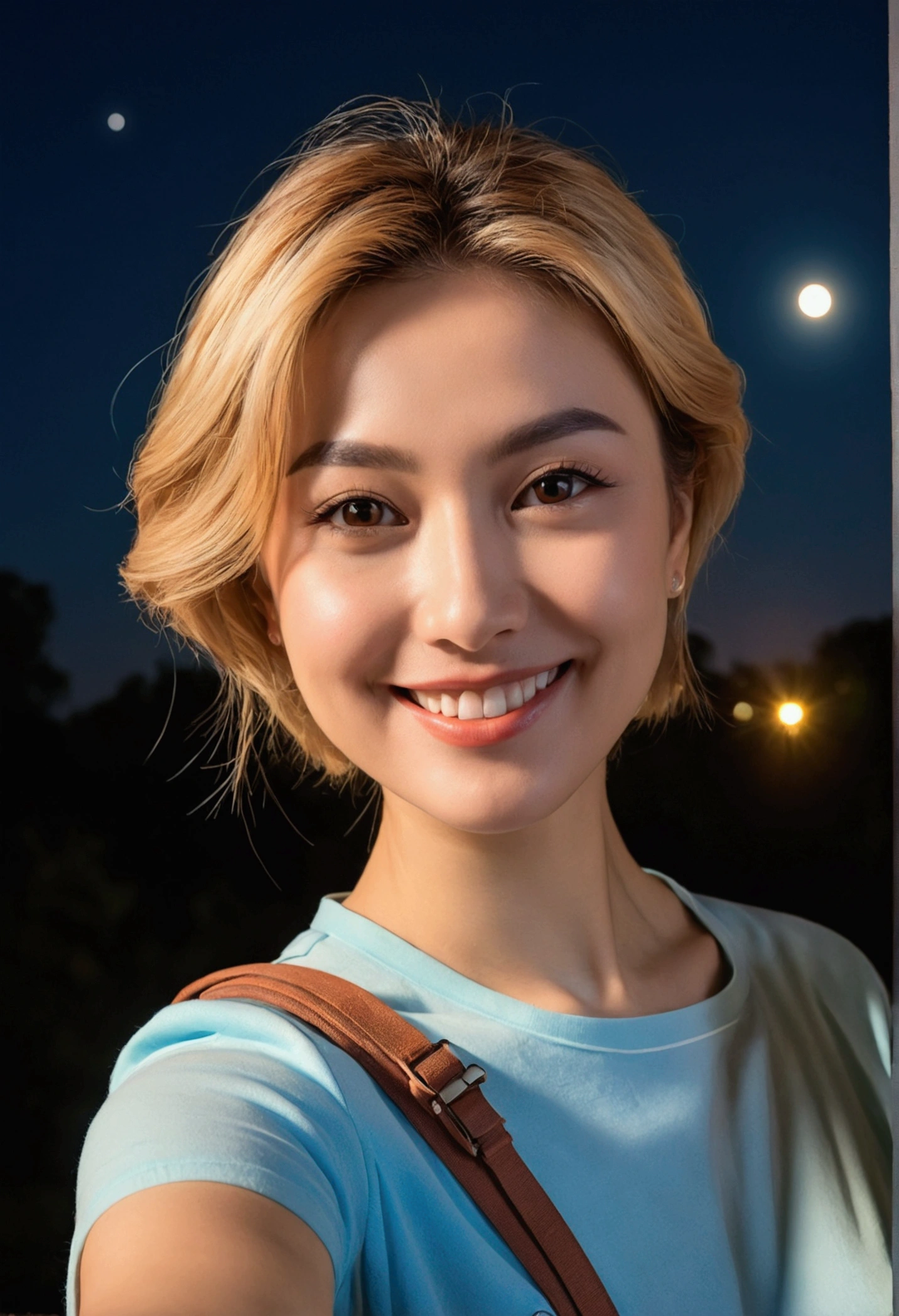 1woman ((Upper body selfie, He smiles)), artistic work, Best quality, Superior detail, restaurant, (a night), nature, happy, looking at the moon, happy, Duffel bag, Light blue shirt with closed sleeves, Eye shadows, Sharp contrast, clear sky, Similar to, (Warm toned, Warm toned: 1.2), close up, Cinema light, Side lighting, Very high accuracy, Best shade, .RAW, Part of the face of the body, Serious look, Normal breasts, 4K, Short blond hair