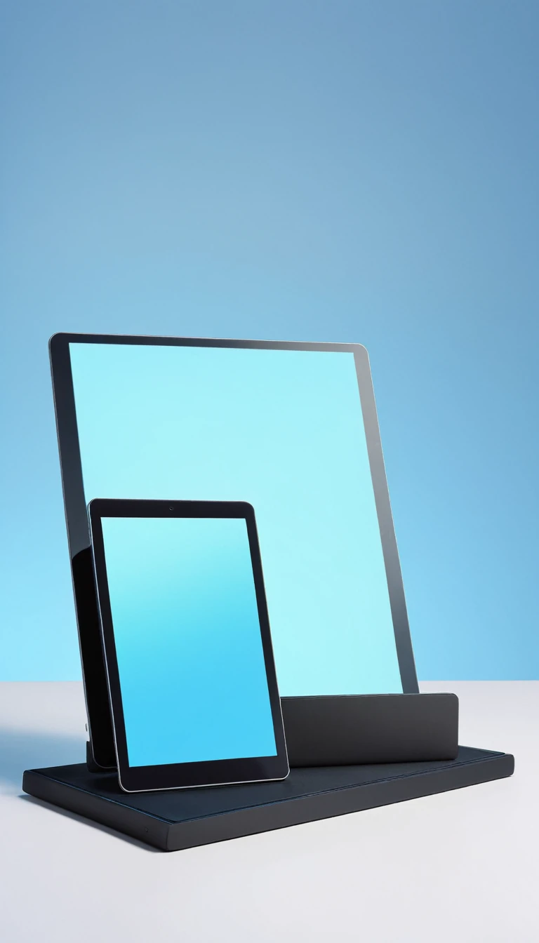 create a digital tablet with a black screen , placed vertically on two black platforms , flat and rectangular that appear to be of different sizes. The platforms and tablet are set against a plain background that has a light blue gradient at the top to darker at the bottom.