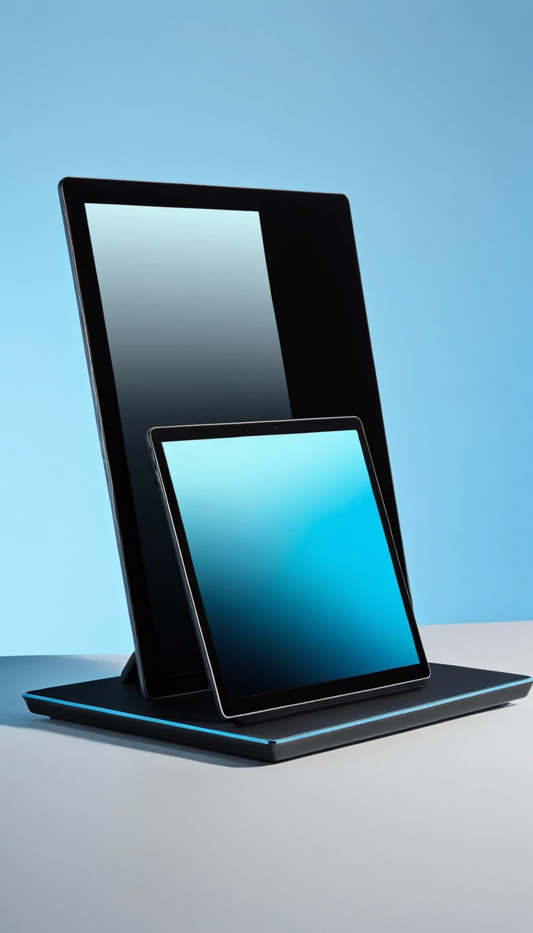 create a digital tablet with a black screen , placed vertically on two black platforms , flat and rectangular that appear to be of different sizes. The platforms and tablet are set against a plain background that has a light blue gradient at the top to darker at the bottom.