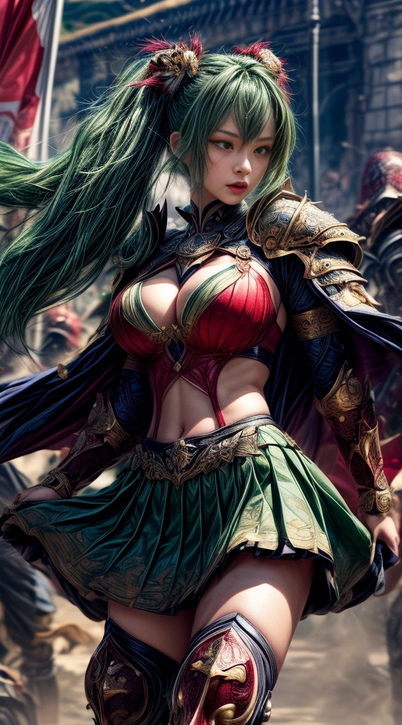 very cute 、No makeup、thin、(((Low length)))、(Detailed face)、Realistic Skin、((Holy Knight)), ((Dark green armor))、((((A black armor with extremely detailed and intricate decoration.:1.1))))、((Delicate photo)),(Girl Astepeace RAW Photo Details:1.25), (Highest quality:1.6), (Ultra-high resolution:1.5), (Realistic:1.75), 8K resolution, Canon EOS R5, 50mm, Absurd, Super detailed,Cinema Lighting,((Fightfield))、((Fight))、(((Decorative green skirt)))、Thigh-high socks、Shingard、((Dark green hair))、((Low twin tails))、((Bangle color hairstyle))、Get a six pack、Cape、Beautiful Armor、(((Has a huge weapon)))、(In combat)、The wind is blowing、((Symmetrical armor))、((((tornado))))、(((Lead a large group of knights:1.2)))、banner、Lion-themed armor、(((Battle Scenes)))
