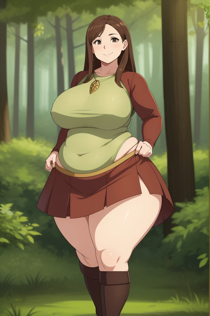 1woman, chubby, wide hips, long brown hair, wearing a fantasy tunic and a mini skirt, standing in the forest, from the front, tiny breasts, teasing, small breasts, bottom heavy, really small, adult. big smile, teasing, mature,