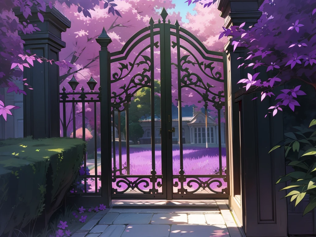 Purple color mansion, gate, bushes, rich, purple, gate gold detais