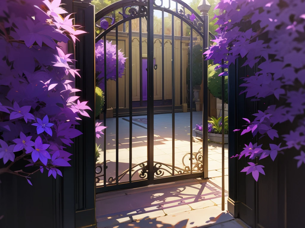 Purple color mansion, gate, bushes, rich, purple, gate gold detais
