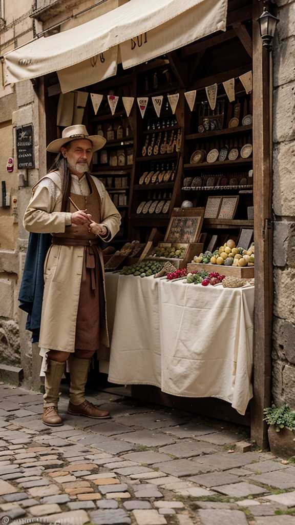 Medieval market day in a small European town. Narrow streets, cobblestones, filled with people in historical clothing. Various products on the shelves: Fresh fruit, fabrics, spices and craft products. You can hear the noise of trade all around, laughter of children and sounds of street musicians.