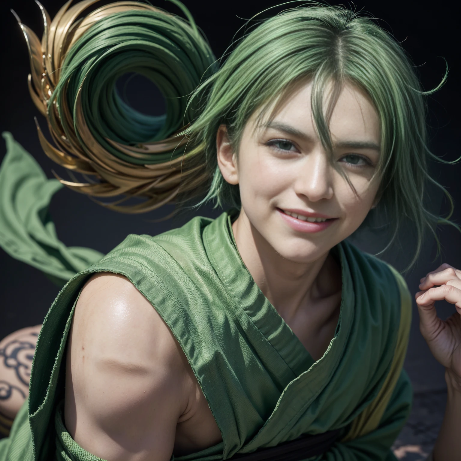Draw a cartoon character with vibrant colors. He has messy green hair, a scar over his right eye, big expressive eyes, a wide smile. Wear a dark green kimono, a green cloth, Full Body ((masterpiece))