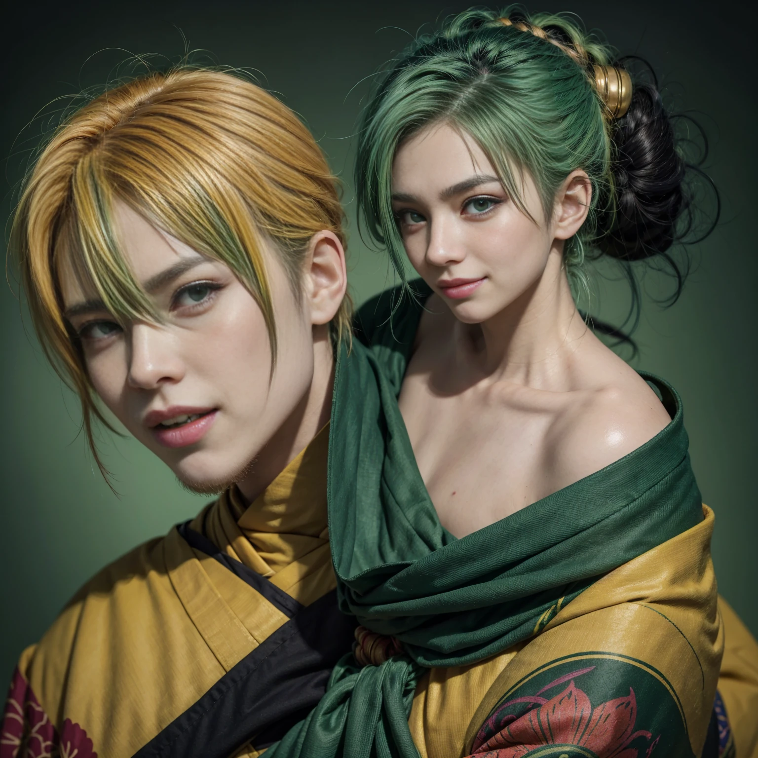 Draw a cartoon character with vibrant colors. He has messy green hair, a scar over his right eye, big expressive eyes, a wide smile. Wear a dark green kimono, a green cloth, Full Body ((masterpiece))