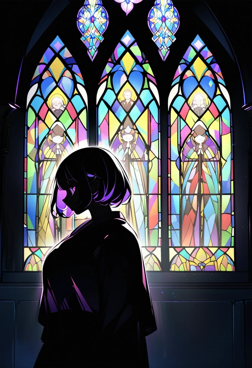 I'm in church.
There's praying in the church
It's a place with beautiful stained glass.
stained glass is more brightly colored.
It has an angel painted on it.
angel looks like
hair style is short.
hair color is dark purple.
looks like Russian girl.