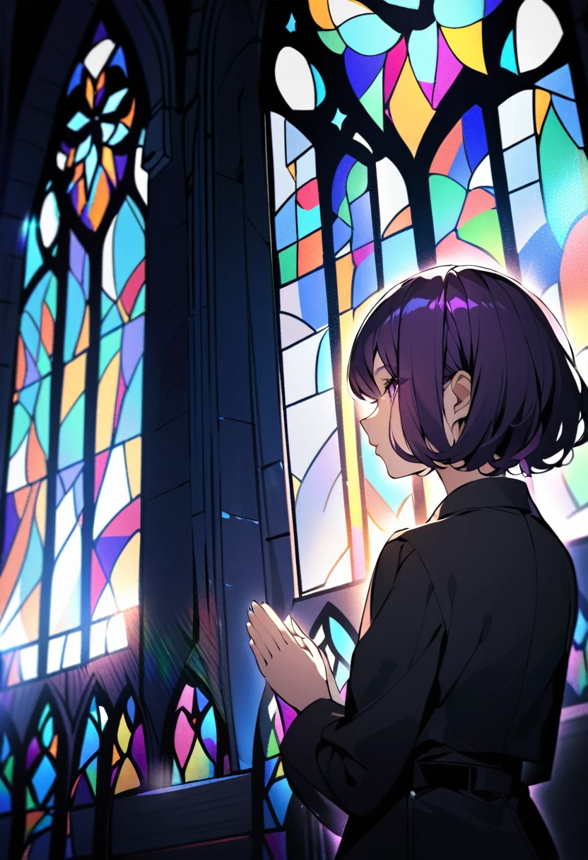 I'm in church.
There's praying in the church

It's a place with beautiful stained glass.
stained glass is more brightly colored.
It has an angel painted on it.

angel looks like
hair style is short.
hair color is dark purple.
looks like Russian girl.

