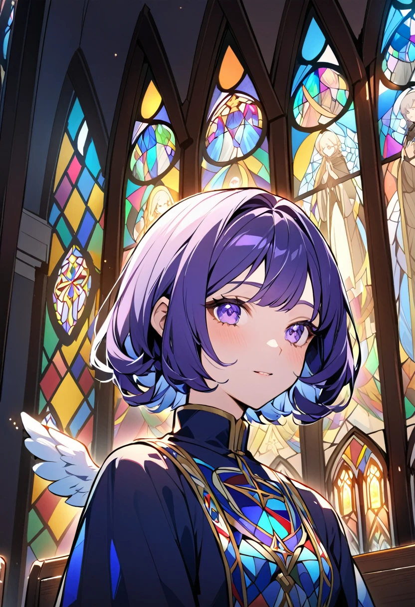 I'm in church.
There's praying in the church
It's a place with beautiful stained glass.
stained glass is more brightly colored.
It has an angel painted on it.
angel looks like
hair style is short.
hair color is dark purple.
looks like Russian girl.