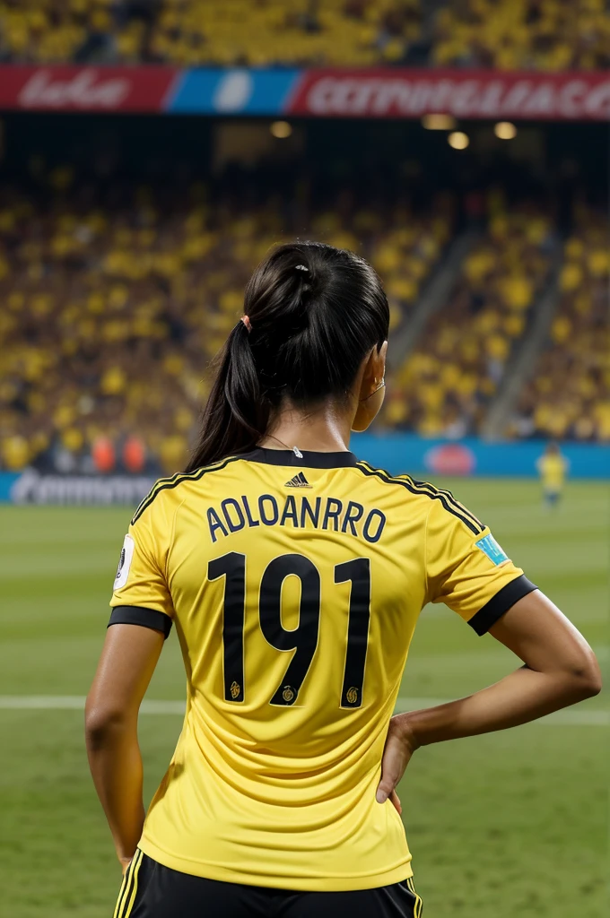 Woman in the stands of a bustling stadium where the exciting final of the Copa América 2024 is taking place, He is standing on his back with black hair., smooth and long with a yellow Colombian soccer shirt with his name "angie" and the number "8" In her back a su lado izquierdo niña grande con cabello negro, short and smooth with a yellow Colombian soccer shirt with his name "Paula" and the number "7" In her back, on his right side with long hair, black and plain with a yellow Colombian soccer shirt with his name "sofia" and the number "10" In her back