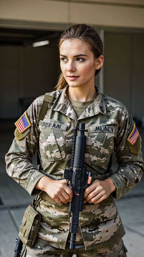 Ultra detail, High resolution, (Realistic, Realistic:1.4), 8K, (Best quality), physical based rendering, Realistic photos, Professional color grading, Top quality, female soldier, holding a gun, Slender body, military attire, soldier, hair tying, military unit, panzer, Fighter, mortar, pretty body, Brown hair