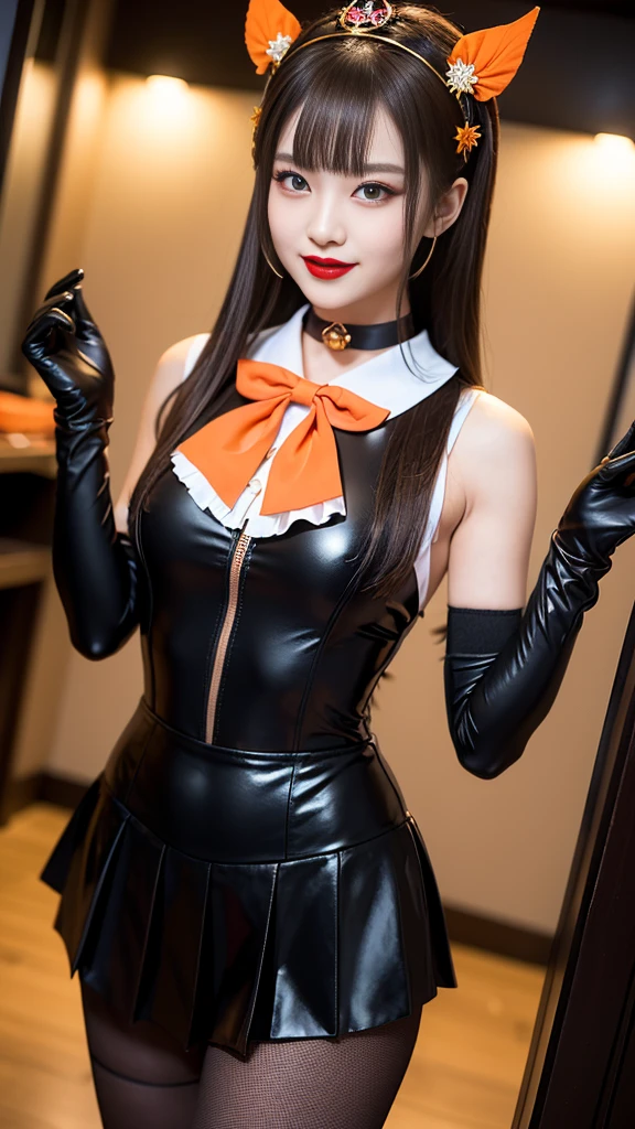 best quality、ultra-detailed、8K、Japanese、Japanese、Seductive beauty、seductive adult woman、Pretty Woman、cool girl、smirk、Wicked Smile、masterpiece、best quality、highres、1girl、独奏、slender、looking at viewer、standing、sv1、1, sailor senshi uniform, Orange skirt, pleated skirt, Miniskirt, orange sailor collar, elbow gloves, tiara、black gloves, hair bow, red bow, choker, orange choker, black leotard, blonde hair, very long hair, jewelry, grin, blush, blonde hair,young, beautiful Japanese actress wearing villainous costume inspired by female demon. costume is glossy bodysuit with pink and black color scheme. Her headpiece and makeup are uniquely themed around lipstick and cosmetic bottles, with headpiece. Her makeup features villainous-style, with bold lipstick and dramatic eyeshadow. She is smiling enticingly, capturing essence of charismatic but dangerous character, action battle pose. at night, outdoor, town、Brown hair、wavy hair、swept bangs、piercing eyes、skin color pantyhose、night、inside darkroom、hand hold pantyhose、Are standing、shoot from below、Offer、shoot from below、Swear allegiance、I have pledged my allegiance、brainwashing、Fallen into evil、Fall into Darkness、Evil female executive、