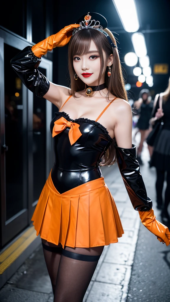 best quality、ultra-detailed、8K、Japanese、Japanese、Seductive beauty、seductive adult woman、Pretty Woman、cool girl、smirk、Wicked Smile、masterpiece、best quality、highres、1girl、solo、slender、looking at viewer、standing、sv1、 sailor senshi uniform, Orange skirt, pleated skirt, Miniskirt, orange sailor collar, elbow gloves, black gloves, tiara, hair bow, red bow, choker, orange choker, black leotard, blonde hair, very long hair, jewelry, grin, blush, blonde hair,young, beautiful Japanese actress wearing villainous costume inspired by female demon. costume is glossy bodysuit with pink and black color scheme. Her headpiece and makeup are uniquely themed around lipstick and cosmetic bottles, with headpiece. Her makeup features villainous-style, with bold lipstick and dramatic eyeshadow. She is smiling enticingly, capturing essence of charismatic but dangerous character, action battle pose. at night, outdoor, town、Brown hair、wavy hair、swept bangs、piercing eyes、skin color pantyhose、night、inside darkroom、hand hold pantyhose、Are standing、shoot from below、Offer、shoot from below、Swear allegiance、I have pledged my allegiance、