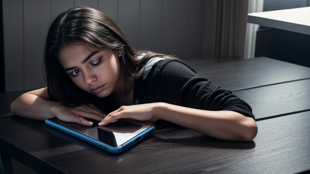 Create a photorealistic, pixelated black and white image of a teenage girl trapped inside a smartphone. The smartphone is lying on a table with a blue placemat. She has a frightened look on her face and her palms are pressing against the inside of the screen. There is a flyer lying next to the phone with the word 'Missing' on the top.
