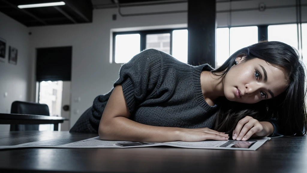 Create a photorealistic, pixelated black and white image of a teenage girl trapped inside a smartphone. The smartphone is lying on a table with a blue placemat. She has a frightened look on her face and her palms are pressing against the inside of the screen. There is a flyer lying next to the phone with the word 'Missing' on the top.