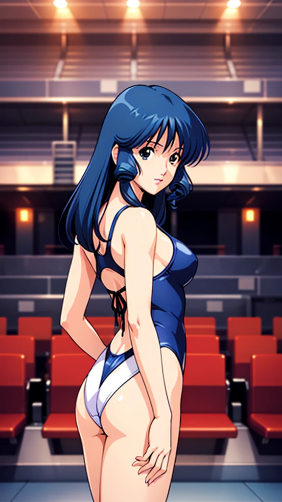 Lynn Minmay, One girl, alone, Black Hair, Cowboy Shot, Super detailed, Highest quality, masterpiece, figure, Game CG, One piece swimsuit, Looking back at the audience