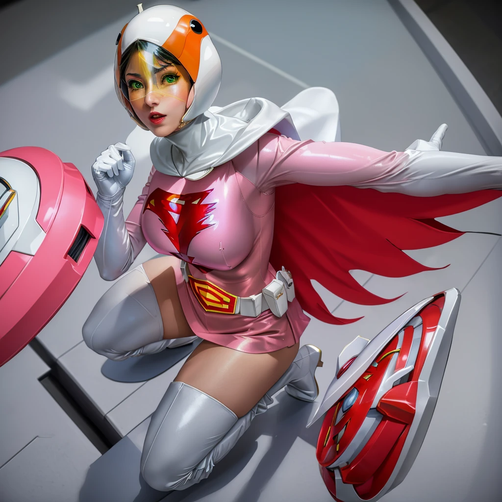 ANI_CLASSIC_jun_gatchaman_ownwaifu,1girl, 15 year old,good anatomy, masterpiece, best quality,realistic, hyperrealistic, 16k hdr,breasts,green eyes,lips,large breasts,lipstick,makeup,gloves,cape,helmet,belt,elbow gloves,white gloves,mask,ultra miniskirt,leotard,spacesuit,white tight overknee highheels boots,pink dress,superhero,bodysuit,cleavage,erected nipples,((fighting pose)),cameltoe