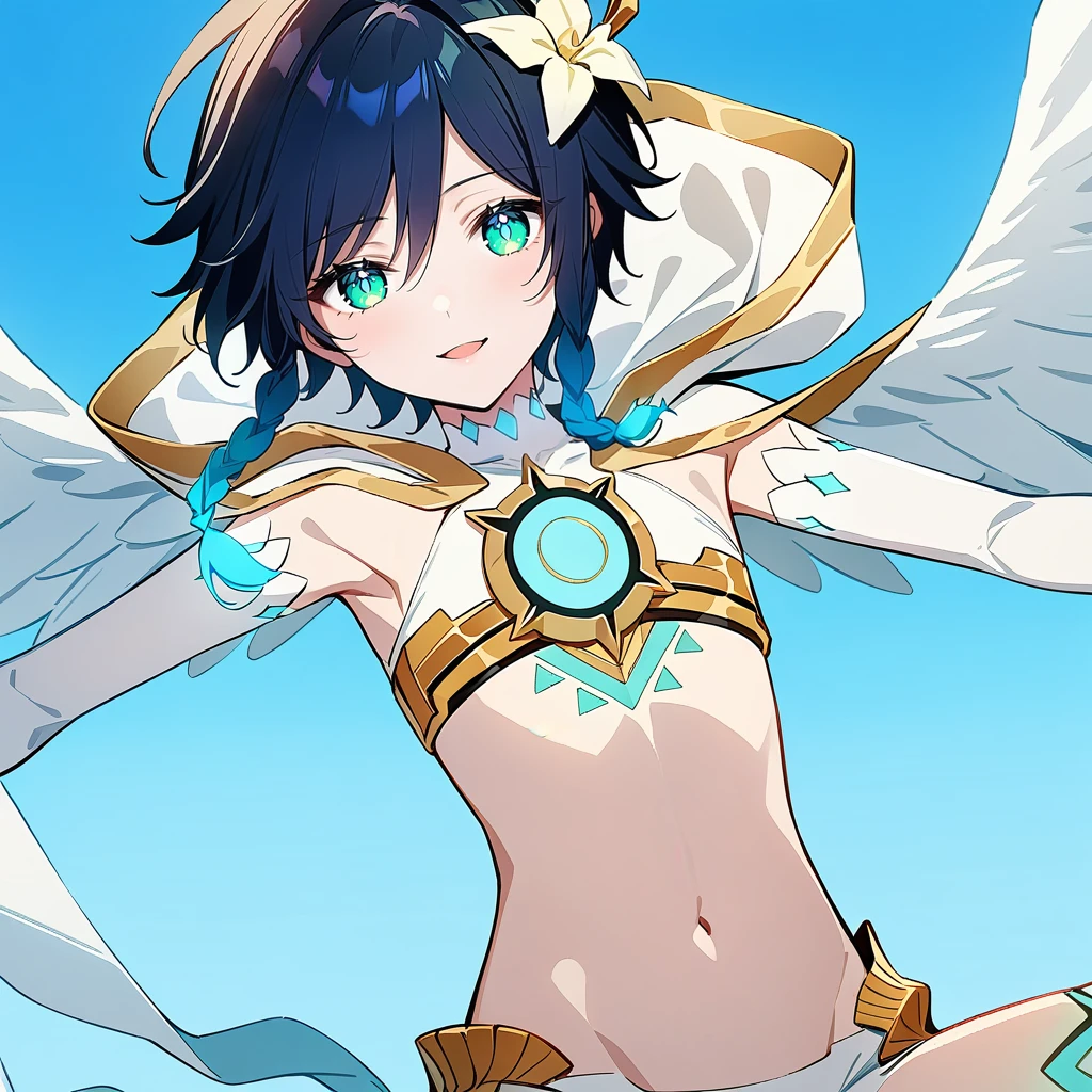 (masterpiece,best quality,4k,8k,absurdres:1.2),agahari,aoi nanase,((illustrated by carnelian)),sharp and clear, wide blue slit pupils, green eyes, perfect face, 1boy, flat chest,venti_\(archon\)_\(genshin_impact\),bare stomach,graceful,(face focus,detailed_eyes),gradient_hair,chest_tattoo,(thigh_tattoo left thigh),flirtatious,seductive,dsmile,large fluffy angel wings,otoko no ko, legs crossed,(white single_thighhigh right thigh),slim,slender,realistic:.25