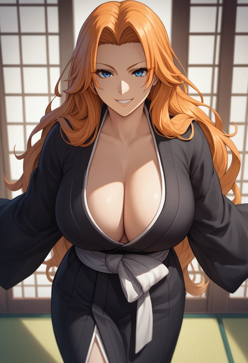 score_8_up, score_7_up, source_anime BREAK, clear face, Rangiku Matsumoto, orange hair, blue eyes, long hair, large breasts, looking at viewer, standing, from front, cleavage, black kimono, smile