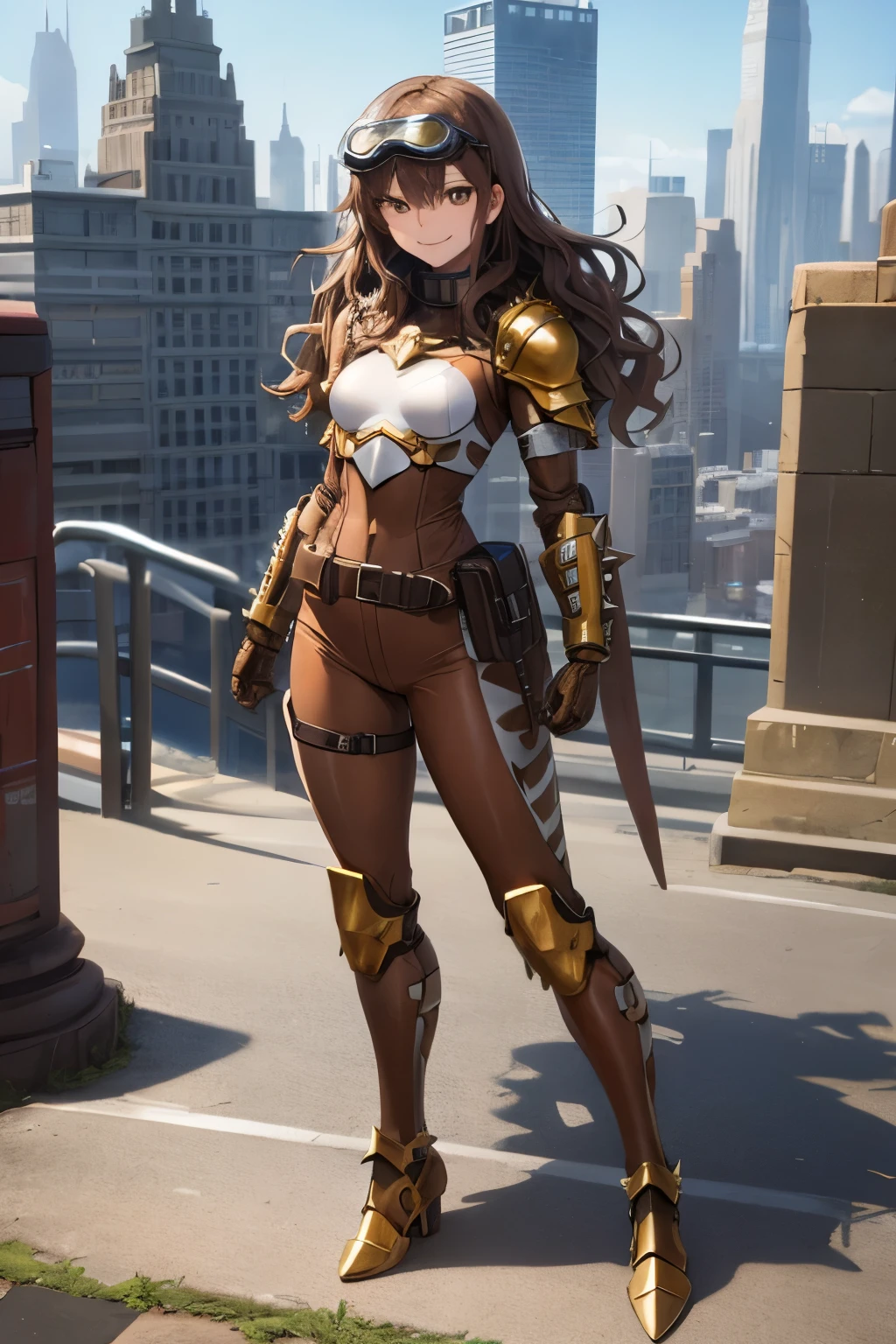 ((best quality)), ((masterpiece)), (detailed), 1 girl, full body, 20s, young adult, brown vintage aviator helmet, spiked helmet, large goggles, evil smile, long white scarf, wavy brown hair with a lock, brown collar, somewhat short, very thin, spikes on forearms, brown details, large brown leather gloves, brown wrist guards, brown nanotech suit, light armor, brown chest with an emblem, high shoulder pads, orange suit with brown stripes, brown tiger stripes, triangular emblem on chest, very small breasts, blue emblem, orange pants, brown knee pads, metallic brown boots, metallic brown shoes, brown superhero belt, standing on a building, city background, anime, holding a small metallic ball with spikes in her hand