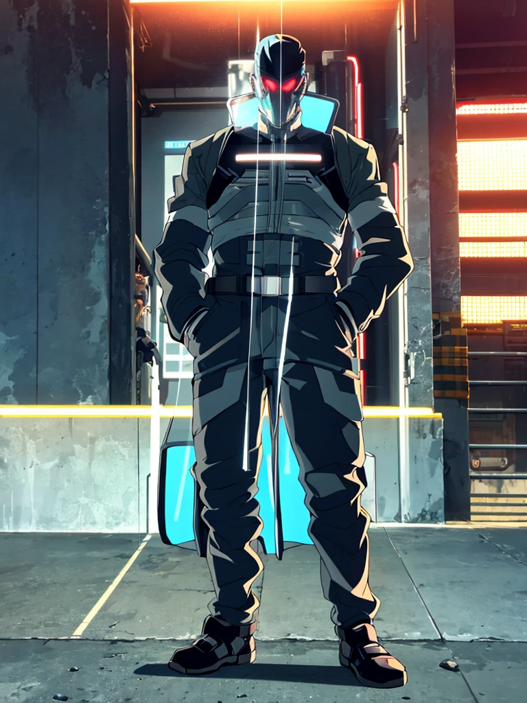 Male, fully cybernetic, full cyborg, military special forces cyborg, wearing futuristic armored camouflage tactical trenchcoat, cybernetic body and fully cybernetic head, head and face covered by full-face tactical visor, fully cybernetic, robotic body, fully in frame, standing at attention, hands in pockets, lone figure, sole person, Cyberpunk Edgerunners style