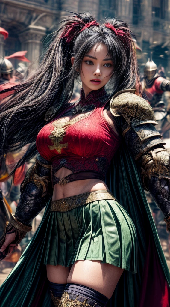very cute 、No makeup、thin、(((Low length)))、(Detailed face)、Realistic Skin、((Holy Knight)), ((Dark green armor))、((((A black armor with extremely detailed and intricate decoration.:1.1))))、((Delicate photo)),(Girl Astepeace RAW Photo Details:1.25), (Highest quality:1.6), (Ultra-high resolution:1.5), (Realistic:1.75), 8K resolution, Canon EOS R5, 50mm, Absurd, Super detailed,Cinema Lighting,((Fightfield))、((Fight))、(((Decorative green skirt)))、Thigh-high socks、Shingard、((Dark green hair))、((Low twin tails))、((Bangle color hairstyle))、Get a six pack、Cape、Beautiful Armor、(((Has a huge weapon)))、(In combat)、The wind is blowing、((Symmetrical armor))、((((tornado))))、(((Lead a large group of knights:1.2)))、Banner、Lion-themed armor、(((Battle Scenes)))