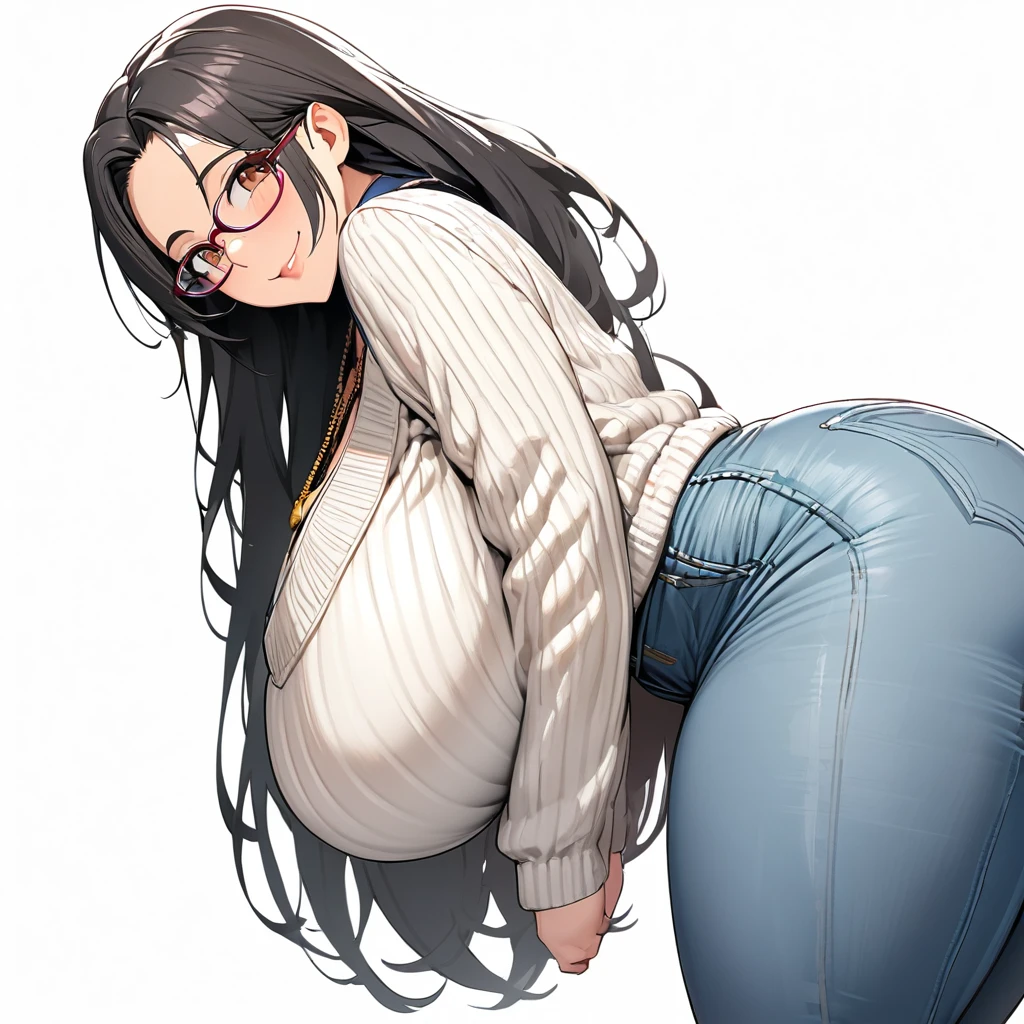 1girl,solo,Mature Woman,Black Hair,long hair,brown eyes color,Glasses,mother,gentle,kind face,Super huge breasts,Flabby thighs,Whipped thighs,huge ass,white knit with vertical lines accentuating the lines of the body,jeans that accentuate the body's curves,necklace,standing up,Emphasis on the buttocks,Taken from the side,Inclusive,White background,best quality, ultra detailed), intricate details,perfect eyes