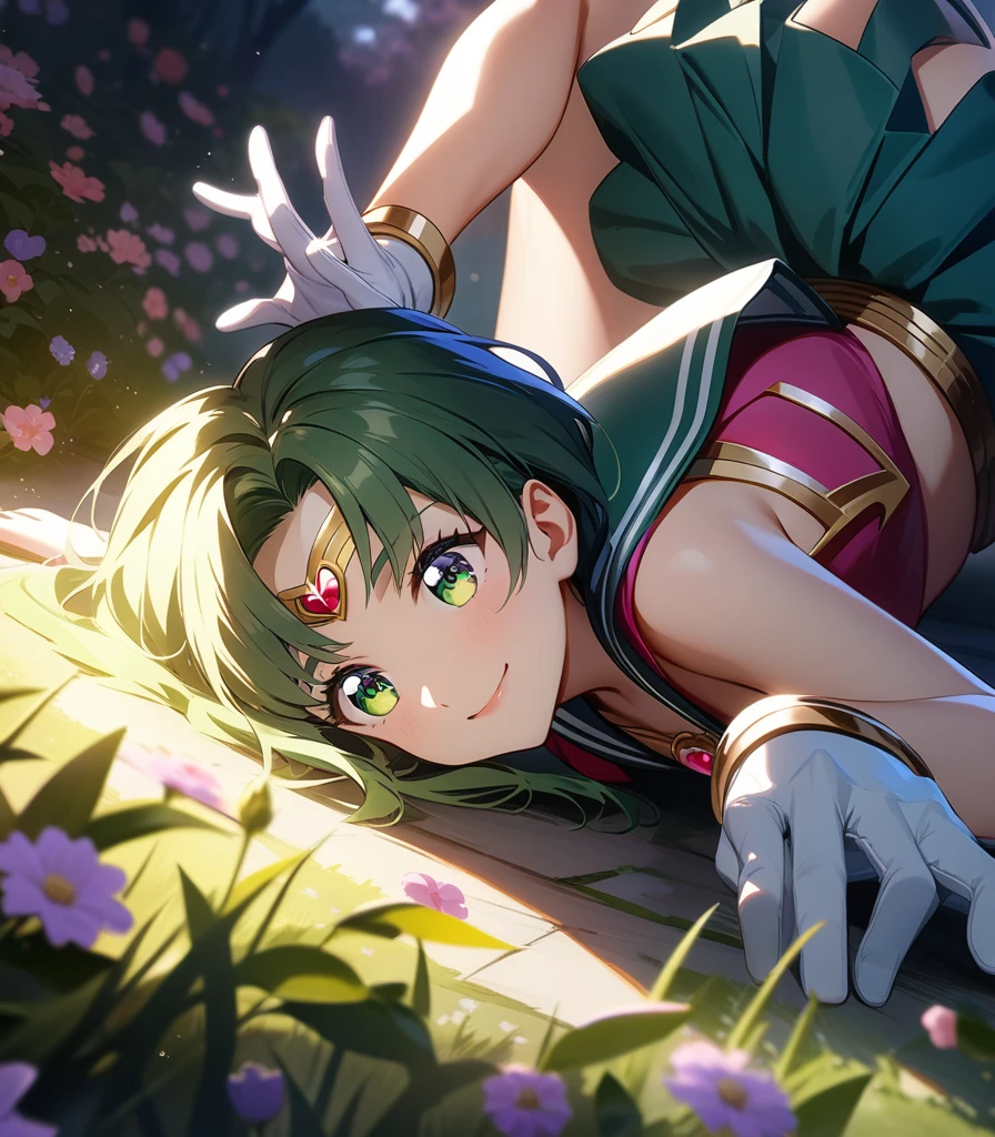(Extreme Detail CG Unity 8K wallpaper, masterpiece, highest quality), (exquisite lighting and shadow, highly dramatic picture, cinematic lens effect), (Sailor Moon: 1.4), delicate facial features, charming smile, star eyes, ((dark green hair)), tight top, white gloves, mini skirt, dynamic pose, lying in the garden), (background in a garden full of flowers) (excellent detail, outstanding lighting, wide angle), (excellent rendering, enough to be proud of its kind),